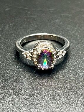 Sterling Silver Mystic Topaz Ring Rainbow Stone CZ Halo Size 7